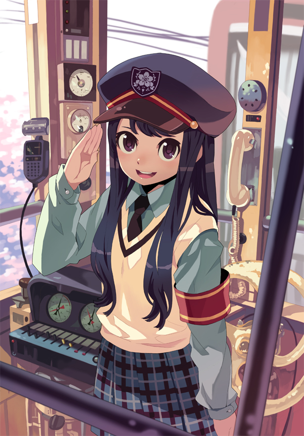 bf. (sogogiching), original, uniform, bad id, bad pixiv id, 1girl, armband, black hair, blue hair, brown hair, corded phone, female focus, hat, long hair, necktie, phone, plaid clothes, plaid skirt, purple eyes, purple hair, radio, salute, skirt, solo, sweater vest, train, train interior, vest