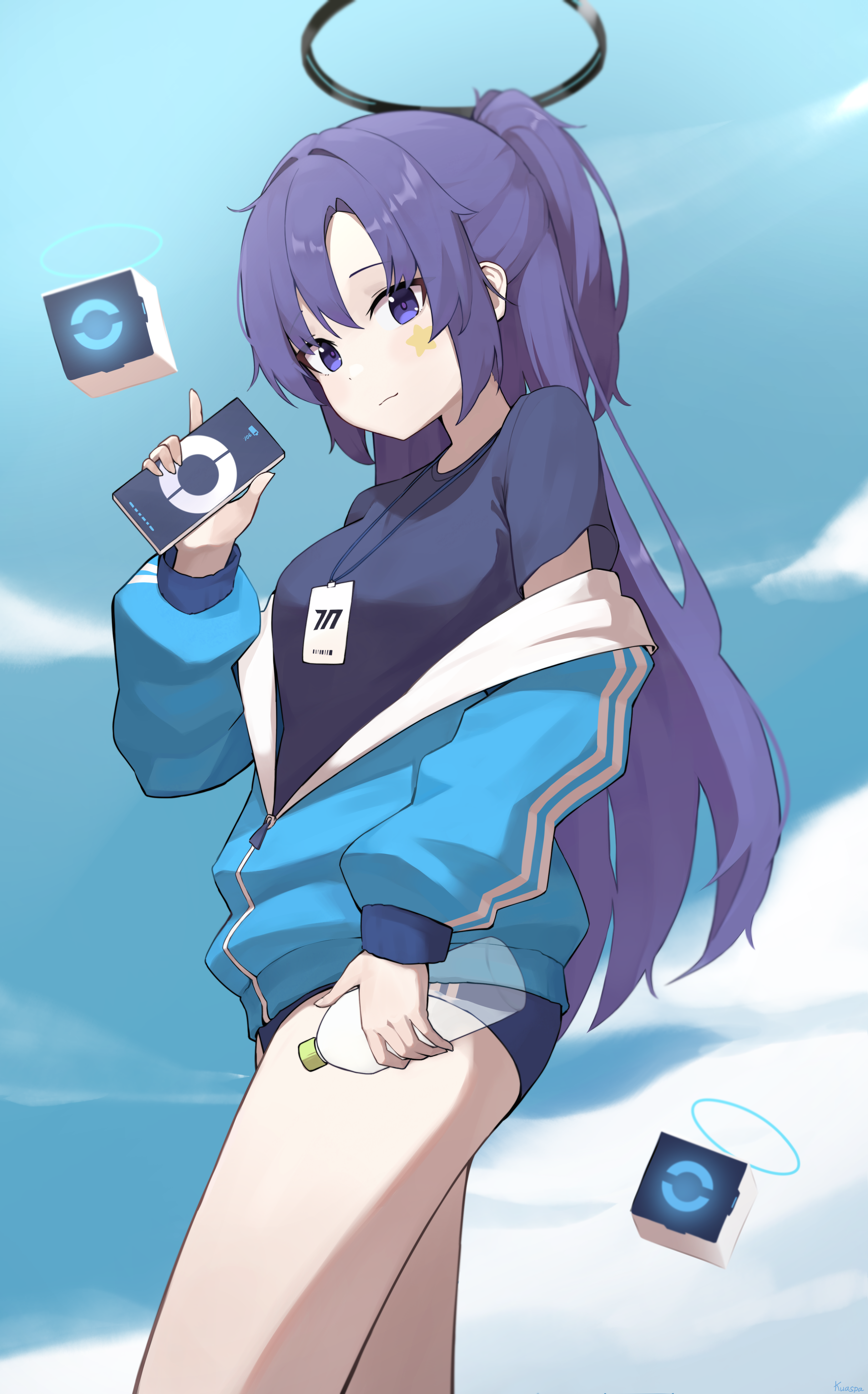 kuaspa, yuuka (blue archive), yuuka (track) (blue archive), blue archive, absurdres, commentary, highres, 1girl, blue eyes, blue hair, blue jacket, blue shirt, blue sky, bottle, breasts, closed mouth, cowboy shot, halo, hand up, holding, holding bottle, holding phone, jacket, jacket partially removed, long hair, looking at viewer, mechanical halo, medium breasts, official alternate costume, phone, ponytail, shirt, short sleeves, sky, solo, thighs, water bottle