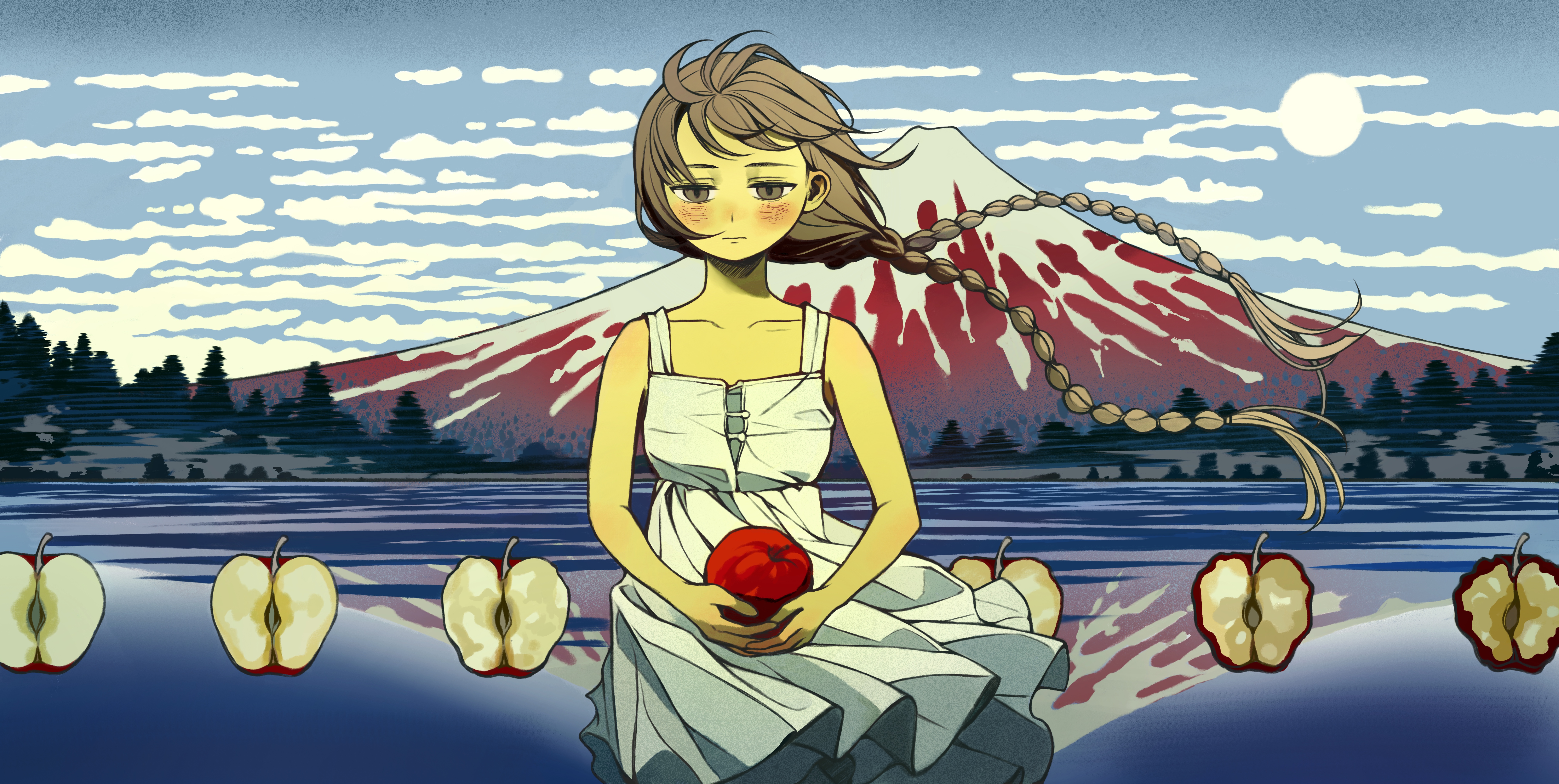 chaojufei, original, absurdres, commentary, highres, 1girl, apple, braid, brown eyes, brown hair, dress, food, fruit, holding, holding food, holding fruit, low twintails, mountain, rotting, solo, sundress, twin braids, twintails