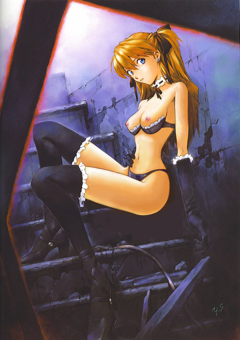 sadamoto yoshiyuki, souryuu asuka langley, neon genesis evangelion, eyebrows, nude filter, third-party edit, 1girl, against wall, armpits, artist name, bare shoulders, black bra, black gloves, black shoes, black thighhighs, blue eyes, bra, bra pull, breasts, breasts out, choker, closed mouth, clothes pull, collar, cowboy shot, detached collar, earrings, elbow gloves, expressionless, female focus, frilled bra, frilled collar, frilled gloves, frilled thighhighs, frills, full body, gloves, hair ornament, hair ribbon, hand on own hip, high heels, jewelry, legs together, lips, long hair, looking at viewer, midriff, navel, nipples, official art nude filter, official style, orange hair, panties, ribbon, shelf bra, shoes, signature, small breasts, solo, stomach, thighhighs, thighs, underwear