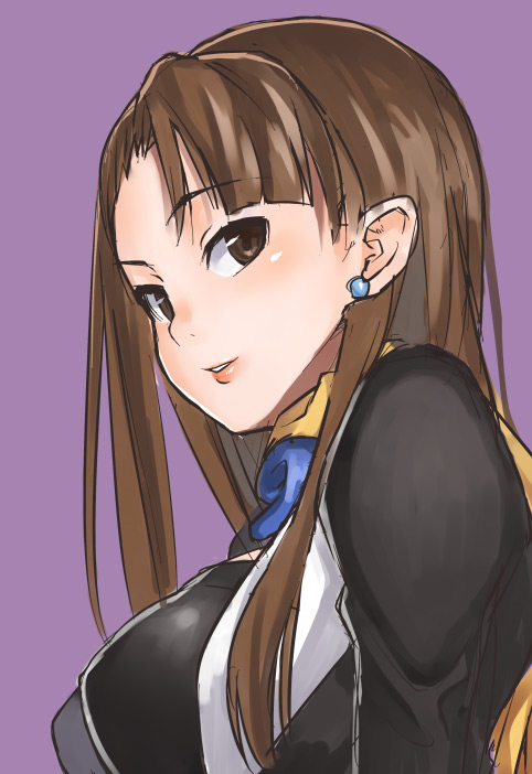 nagase haruhito, mia fey, ace attorney, capcom, 1girl, brown eyes, brown hair, female focus, magatama, purple background, simple background, solo