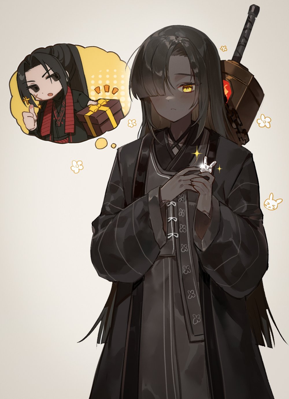 ranya (artiraia), jia qiu (project moon), zilu (project moon), limbus company, project moon, highres, 1boy, 1girl, black eyes, black hair, black hanfu, blush, box, chinese clothes, curtained hair, dark-skinned female, dark skin, flower, gift, gift box, hair over one eye, hanfu, high ponytail, holding, holding gift, incoming gift, long hair, long sleeves, one eye covered, ponytail, rabbit pin, red scarf, scar, scar on face, scarf, simple background, sparkle, speech bubble, sword, sword on back, thought bubble, weapon, weapon on back, white background, yellow eyes