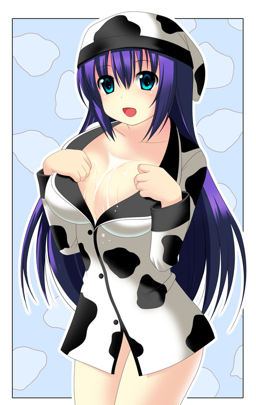 kyoku tou, arin (pangya), pangya, 1girl, animal print, beret, breasts, bust cup, cleavage, cow print, female focus, hat, large breasts, milk, solo