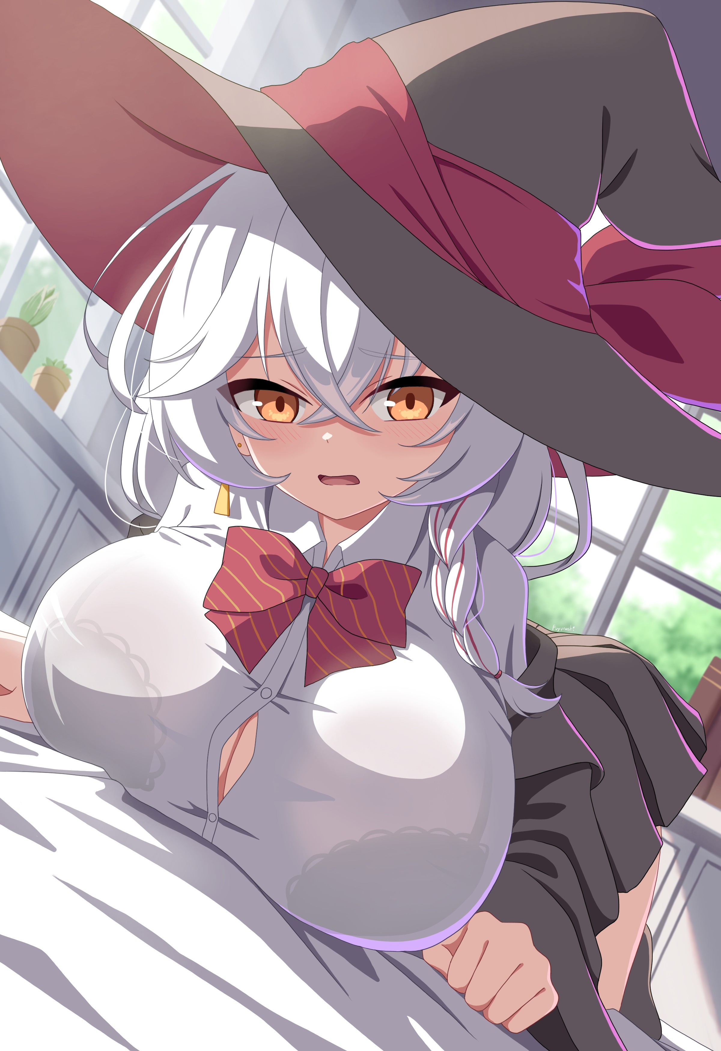fuyunash1, eri (blue archive), blue archive, absurdres, commentary request, highres, 1girl, bed, bed sheet, black hat, black jacket, black skirt, blush, book, bow, bowtie, bra visible through clothes, braid, breasts, button gap, buttons, cleavage, collared shirt, crossed bangs, day, dutch angle, earrings, hair between eyes, hat, hat ribbon, indoors, jacket, jewelry, large breasts, long hair, looking at viewer, lying, multicolored hair, no halo, off shoulder, on bed, on stomach, open mouth, orange eyes, plant, pleated skirt, potted plant, red bow, red ribbon, red streaks, ribbon, see-through clothes, shirt, single braid, single earring, skirt, solo, streaked hair, triangle earrings, two-sided fabric, two-sided headwear, white hair, white shirt, window, witch hat