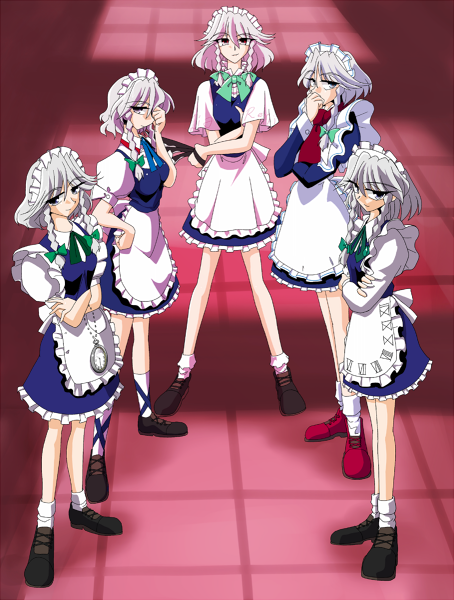 kieyza, kiezya, izayoi sakuya, touhou, 5girls, evolution, female focus, multiple girls, multiple persona, pink shoes, shoes, time paradox