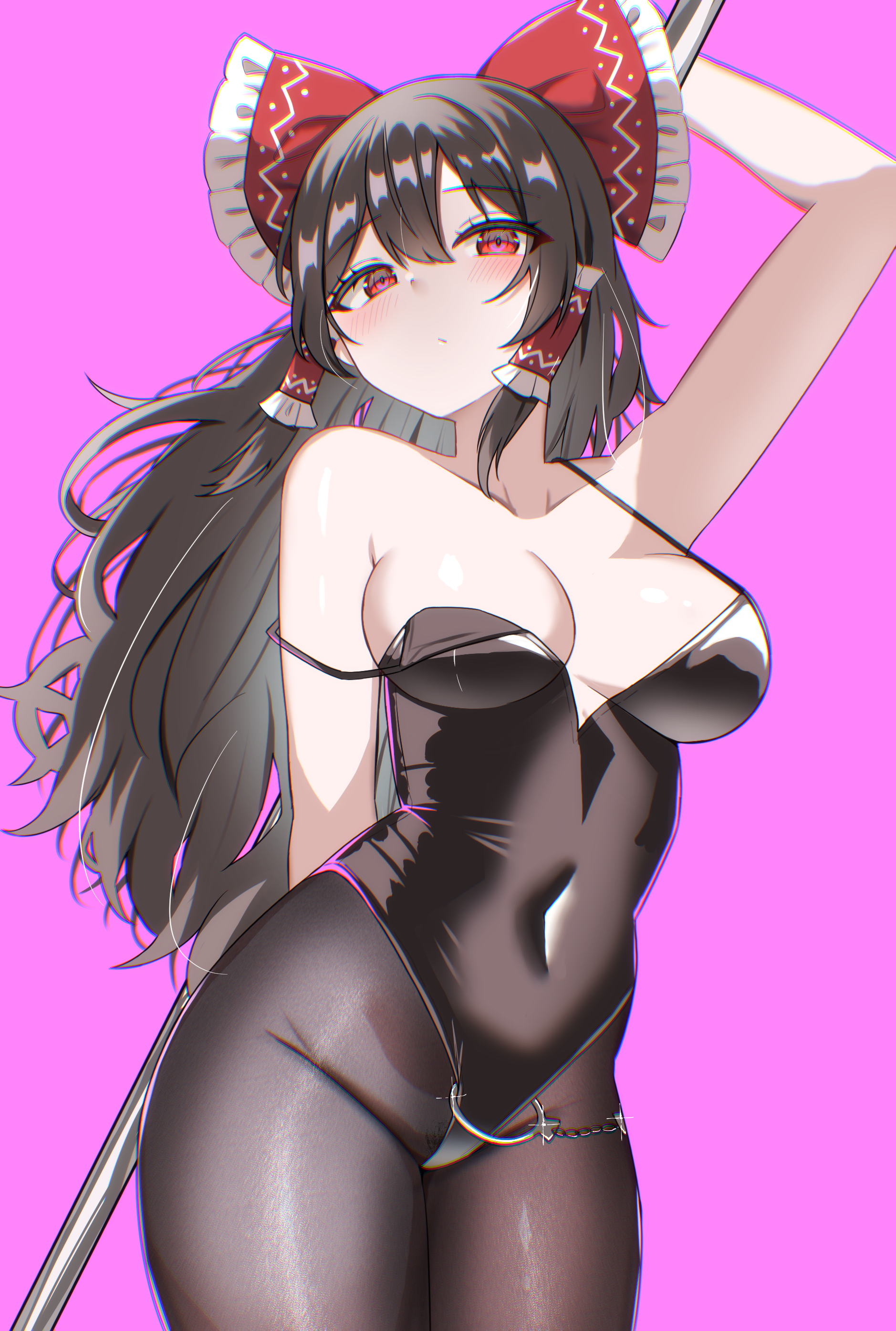 kiui (dagk8254), hakurei reimu, touhou, absurdres, commentary request, highres, 1girl, alternate costume, arm up, black hair, black hiphighs, black leotard, blush, bow, breasts, collarbone, covered navel, frilled bow, frilled hair tubes, frills, groin, hair bow, hair tubes, highleg, highleg leotard, leotard, long hair, looking at viewer, medium breasts, pink background, playboy bunny, red eyes, simple background, solo, strap slip, very long hair