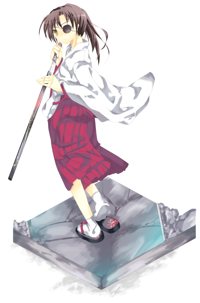 ise (velvet088), yagyuu kyuubei, gintama, 00s, 1girl, faux figurine, female focus, hakama, hakama skirt, japanese clothes, miko, red hakama, skirt, solo, sword, weapon