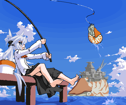 mof, mof's silver haired twintailed girl, original, silver hair, lowres, 1girl, barefoot, blue eyes, bow, female focus, fishing, fishing rod, hair bow, holding, holding fishing rod, long hair, long sleeves, ocean, oekaki, solo, twintails, very long hair, water