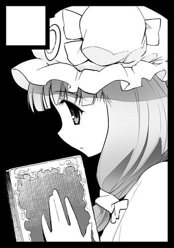 takahata yuki, patchouli knowledge, touhou, lowres, 1girl, black border, border, circle cut, female focus, greyscale, monochrome, solo