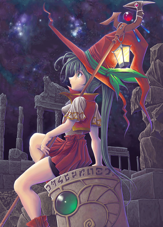 koto tsubane, original, boots, hat, ponytail, red boots, red hat, sitting, sky, solo, staff, star (sky), starry sky, witch, witch hat
