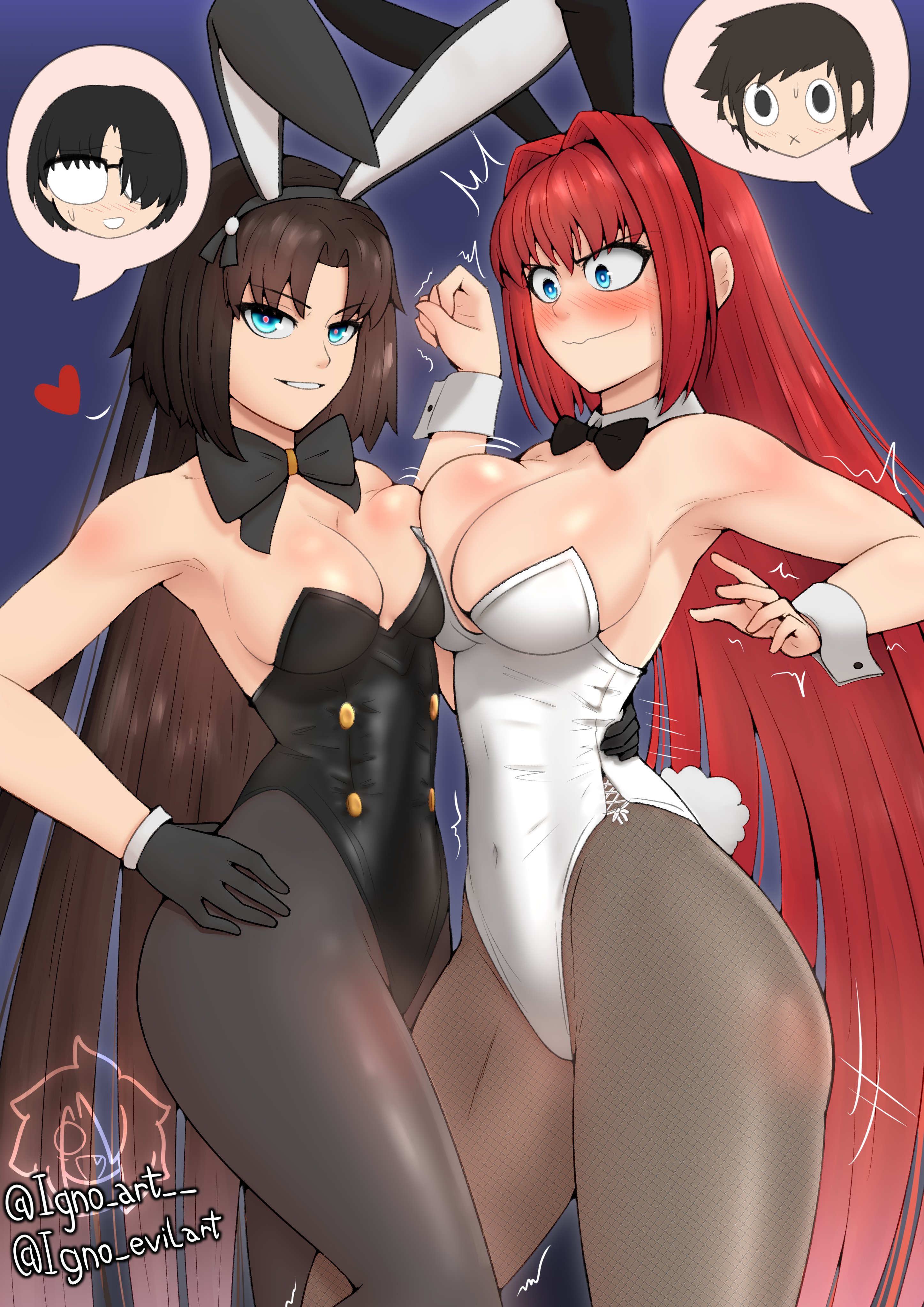 igno art, aozaki aoko, kokutou mikiya, ryougi shiki, shizuki soujuurou, super aoko, kara no kyoukai, mahou tsukai no yoru, absurdres, highres, 2boys, 2girls, animal ears, black gloves, black leotard, blue eyes, blush, bow, bowtie, breasts, brown hair, brown pantyhose, cleavage, fake animal ears, gloves, grin, hair intakes, highleg, highleg leotard, large breasts, leotard, long hair, looking at viewer, multiple boys, multiple girls, pantyhose, parted bangs, playboy bunny, rabbit ears, rabbit tail, red hair, sidelocks, smile, tail, thighs, very long hair, white leotard