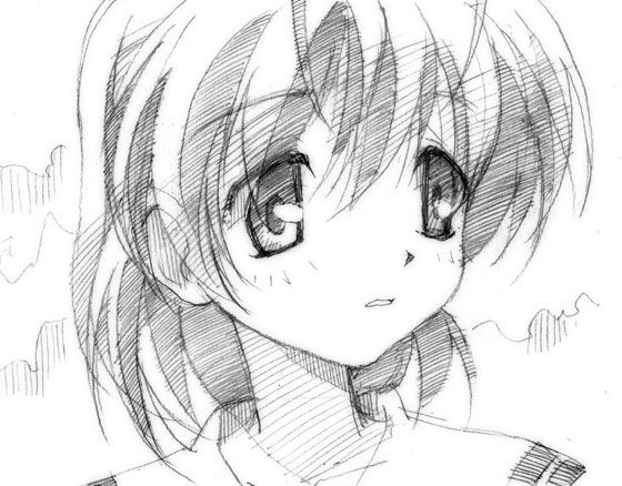 gofu, furukawa nagisa, clannad, traditional media, 00s, greyscale, monochrome, sketch, solo