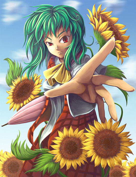 koto tsubane, kazami yuuka, touhou, 1girl, ascot, closed umbrella, day, female focus, flower, foreshortening, green hair, plaid clothes, plaid skirt, plaid vest, reaching, red eyes, short hair, skirt, skirt set, sky, solo, sunflower, umbrella, vest