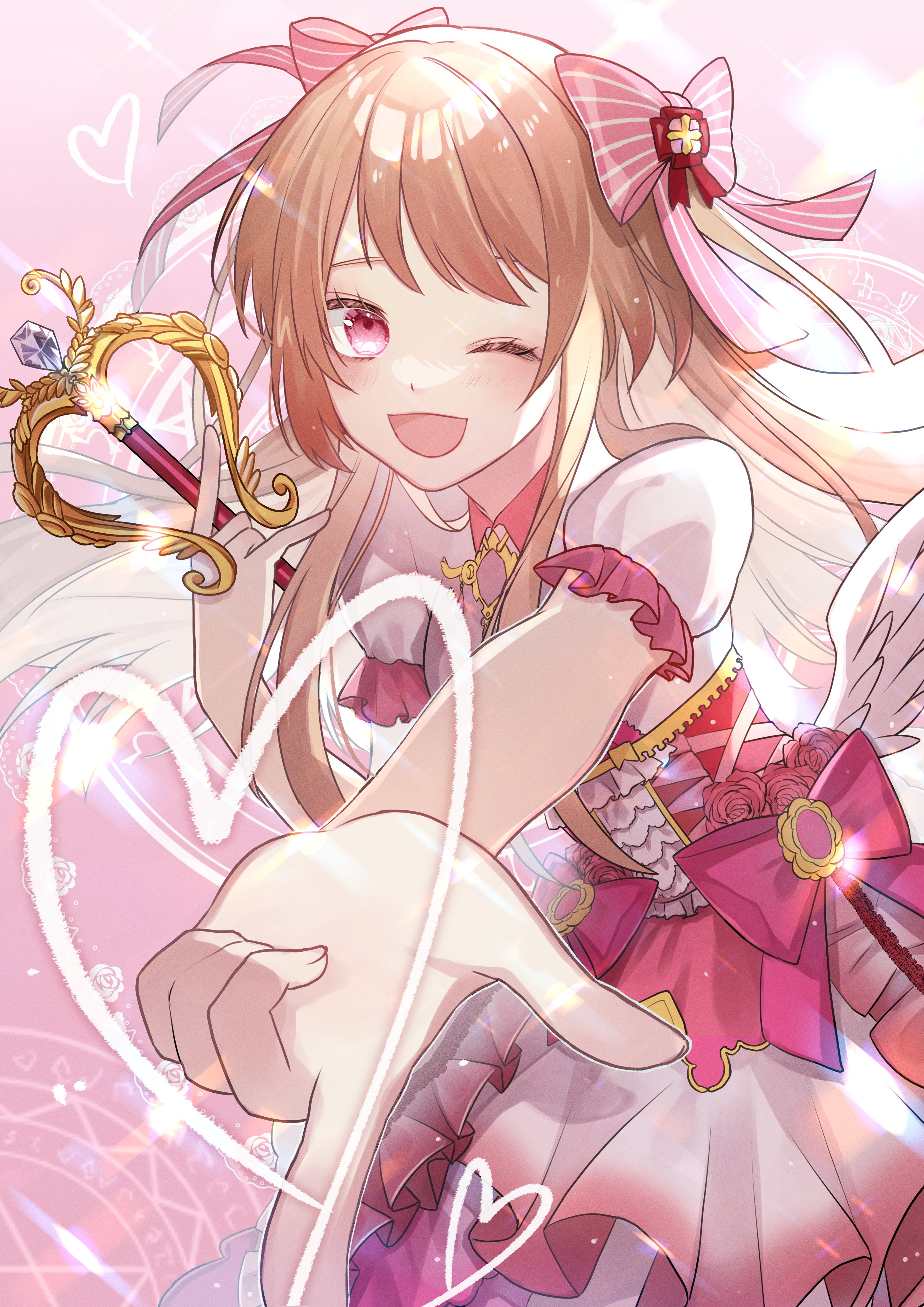 roku (ciel-kuromu), chaos marie (grimms notes), grimms notes, 1girl, ;d, blonde hair, hair ribbon, holding, holding wand, long hair, looking at viewer, one eye closed, open mouth, puffy short sleeves, puffy sleeves, ribbon, short sleeves, smile, solo, wand, white sleeves