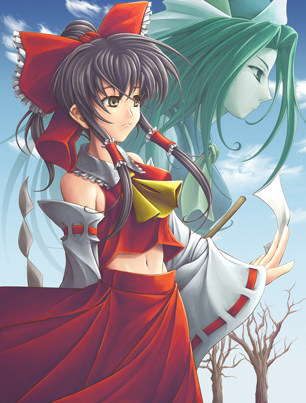 koto tsubane, hakurei reimu, mima (touhou), touhou, touhou (pc-98), 2girls, bare shoulders, bow, female focus, green eyes, green hair, hat, japanese clothes, midriff, miko, multiple girls, wizard hat