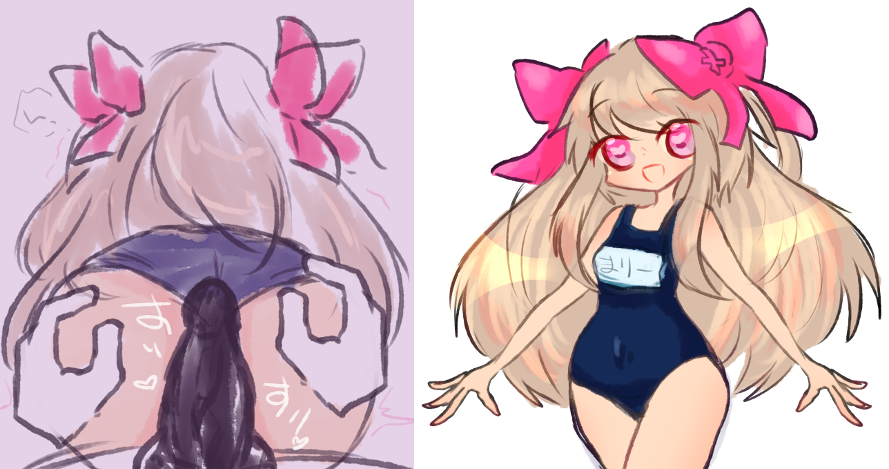 chaos marie (grimms notes), grimms notes, bad id, protected link, 1boy, 1girl, ass, blonde hair, buttjob, from behind, long hair, old school swimsuit, pink eyes, pov, school swimsuit, shokushuq, solo focus, swimsuit