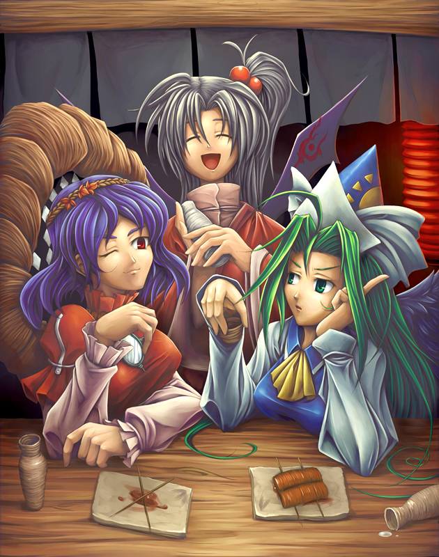 koto tsubane, mima (touhou), shinki (touhou), yasaka kanako, mystic square, touhou, touhou (pc-98), 3girls, female focus, green eyes, green hair, hair ornament, hat, leaf, leaf hair ornament, multiple girls, open mouth, purple hair, red eyes, rope, shimenawa, smile, wizard hat