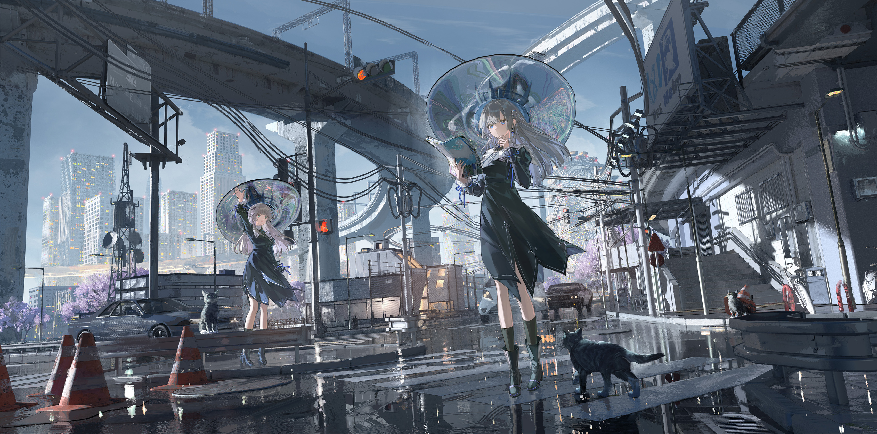 ata-zhubo, original, absurdres, commentary, english commentary, highres, 2girls, arm up, blue dress, blue eyes, building, car, dress, grey hair, hat, long hair, motor vehicle, multiple girls, outdoors, overpass, power lines, road, scenery, sky, skyscraper, stairs, traffic cone, traffic light, utility pole, wide shot, witch hat