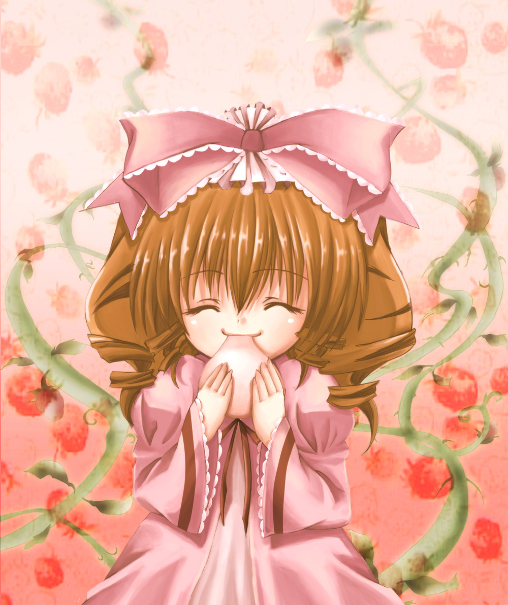 yuuka nonoko, hinaichigo, rozen maiden, 00s, 1girl, blonde hair, bow, brown hair, closed eyes, eating, female focus, food, holding, holding food, long sleeves, mochi, pink bow, smile, solo, wide sleeves
