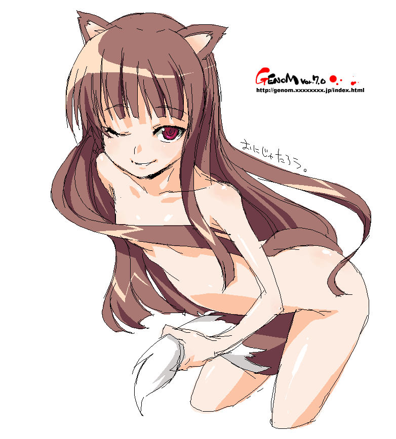 onija tarou, holo, spice and wolf, 00s, 1girl, animal ears, bent over, between legs, brown hair, female focus, long hair, nude, oekaki, one eye closed, red eyes, simple background, solo, tail, tail between legs, white background, wink, wolf ears, wolf tail