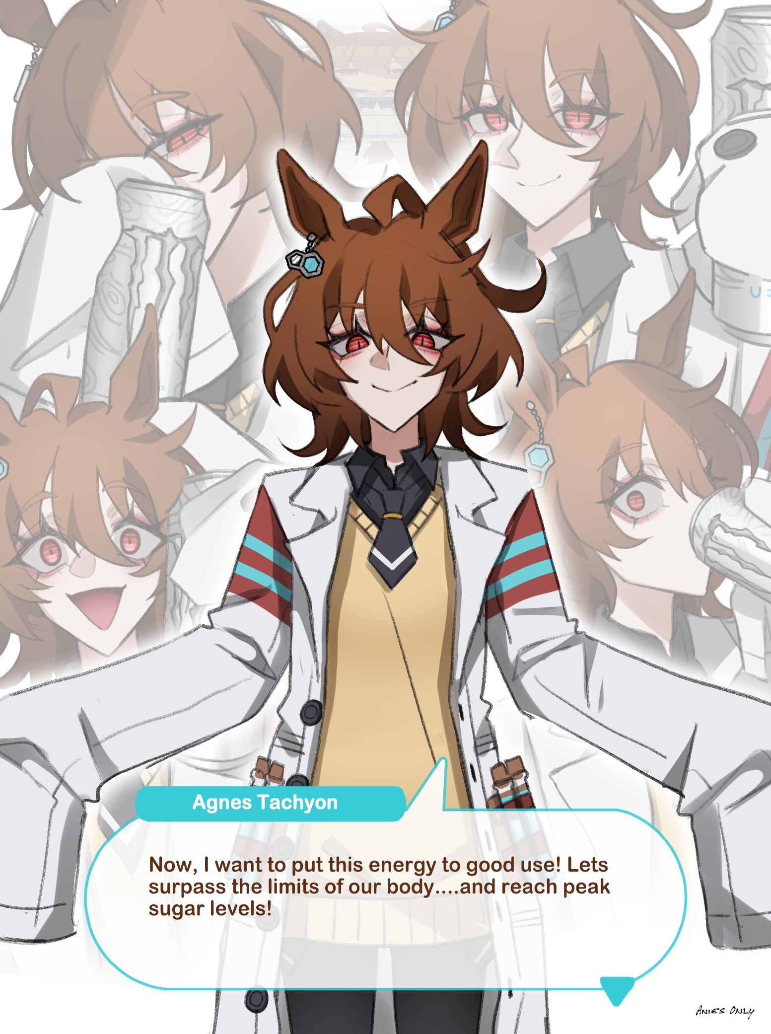 anies kouhai, agnes tachyon (umamusume), monster energy, umamusume, highres, 1girl, ahoge, artist name, bags under eyes, black necktie, black pantyhose, black shirt, brown hair, can, character name, chemical structure, closed mouth, coat, collared shirt, cork, drink can, drinking, ear ornament, earrings, hair between eyes, hand up, hands up, hem peeking out, holding, holding can, huge ahoge, jewelry, lab coat, long sleeves, looking at viewer, multicolored hair, multiple views, necktie, no pants, open clothes, open coat, pantyhose, red eyes, shirt, short necktie, signature, simple background, single earring, sleeves past fingers, sleeves past wrists, smile, solo, speech bubble, sweater, test tube, white background, white coat, wolf cut, yellow sweater