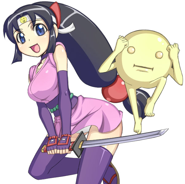 caryo, nanashino, onsokumaru, shinobu (ninin ga shinobuden), ninin ga shinobuden, 00s, 1girl, blunt bangs, choker, female focus, fingerless gloves, fishnets, gloves, headband, japanese clothes, kimono, long hair, low-tied long hair, ninja, obi, purple thighhighs, sash, short kimono, smiley face, solo, sword, thighhighs, weapon