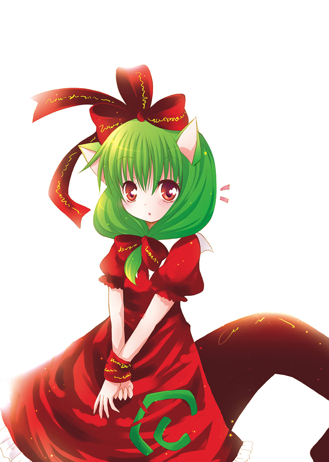 catbell, kagiyama hina, touhou, 1girl, animal ears, cat ears, cat girl, female focus, front ponytail, kemonomimi mode, simple background, solo, standing, white background