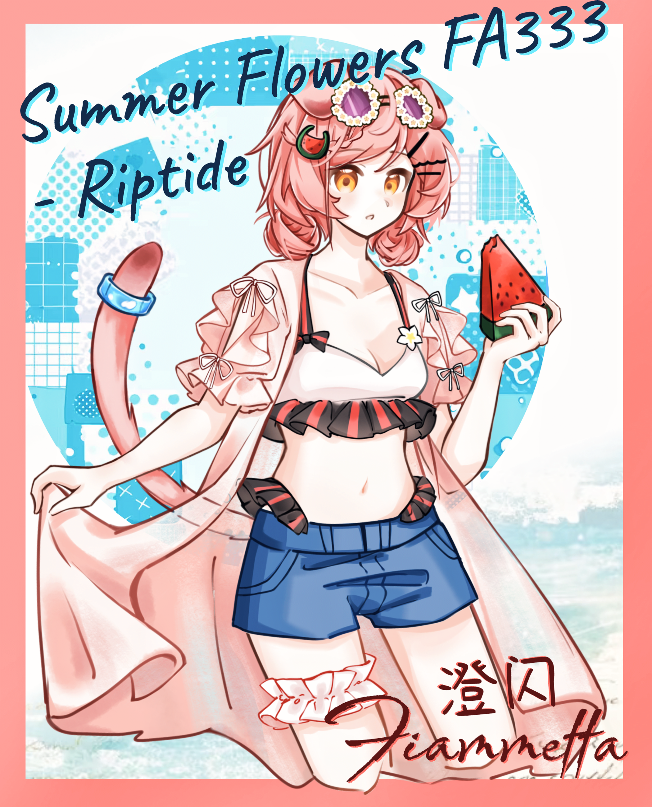 goldenglow (arknights), goldenglow (summer flowers) (arknights), arknights, absurdres, chinese commentary, commentary request, highres, 1girl, bikini, blue shorts, border, breasts, cleavage, collarbone, cropped legs, eyewear on head, food, frilled bikini, frilled thigh strap, frills, fruit, grey616414, hair ornament, hairclip, holding, holding food, holding fruit, looking at viewer, medium breasts, navel, official alternate costume, orange eyes, parted lips, pink border, pink hair, pink tail, purple-tinted eyewear, round eyewear, short hair, short shorts, shorts, solo, standing, swimsuit, tail, tail ornament, tail raised, tail ring, thigh strap, tinted eyewear, watermelon, watermelon slice, white bikini
