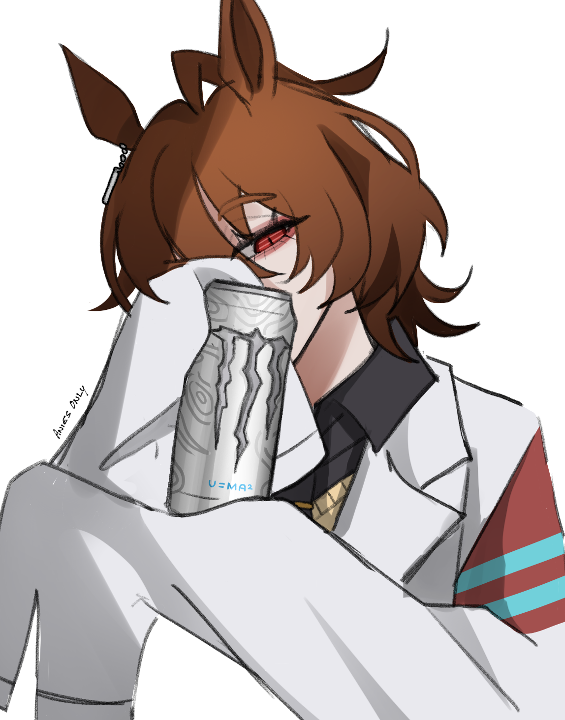 anies kouhai, agnes tachyon (umamusume), monster energy, umamusume, highres, 1girl, ahoge, artist name, bags under eyes, black necktie, black shirt, brown hair, can, coat, collared shirt, covering face, covering own mouth, drink can, ear ornament, earrings, hair between eyes, hands up, holding, holding can, huge ahoge, jewelry, lab coat, long sleeves, looking at viewer, multicolored hair, necktie, open clothes, open coat, red eyes, shirt, short necktie, signature, simple background, single earring, sleeves past fingers, sleeves past wrists, solo, sweater, white background, white coat, yellow sweater