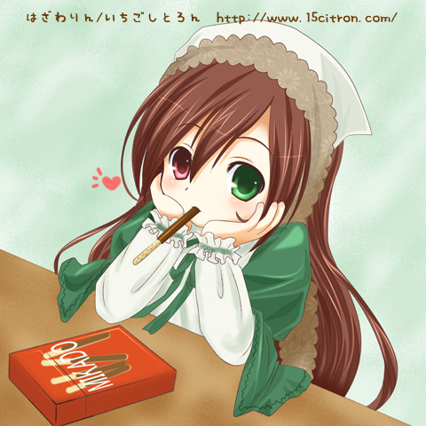 15citron, suiseiseki, rozen maiden, lowres, 00s, eating, food, head rest, headscarf, heterochromia, pocky, solo, white headscarf