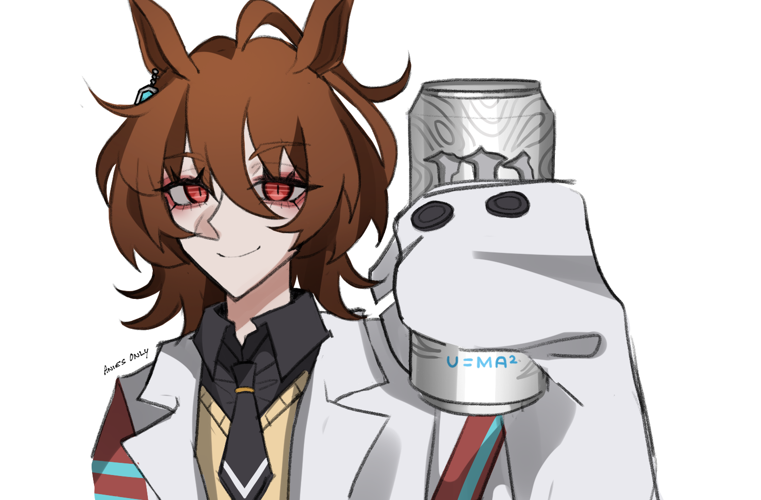 anies kouhai, agnes tachyon (umamusume), monster energy, umamusume, 1girl, ahoge, artist name, bags under eyes, black necktie, black shirt, brown hair, can, closed mouth, coat, collared shirt, drink can, ear ornament, earrings, hair between eyes, hand up, holding, holding can, huge ahoge, jewelry, lab coat, long sleeves, looking at viewer, multicolored hair, necktie, open clothes, open coat, red eyes, shirt, short necktie, signature, simple background, single earring, sleeves past fingers, sleeves past wrists, smile, solo, sweater, white background, white coat, wolf cut, yellow sweater