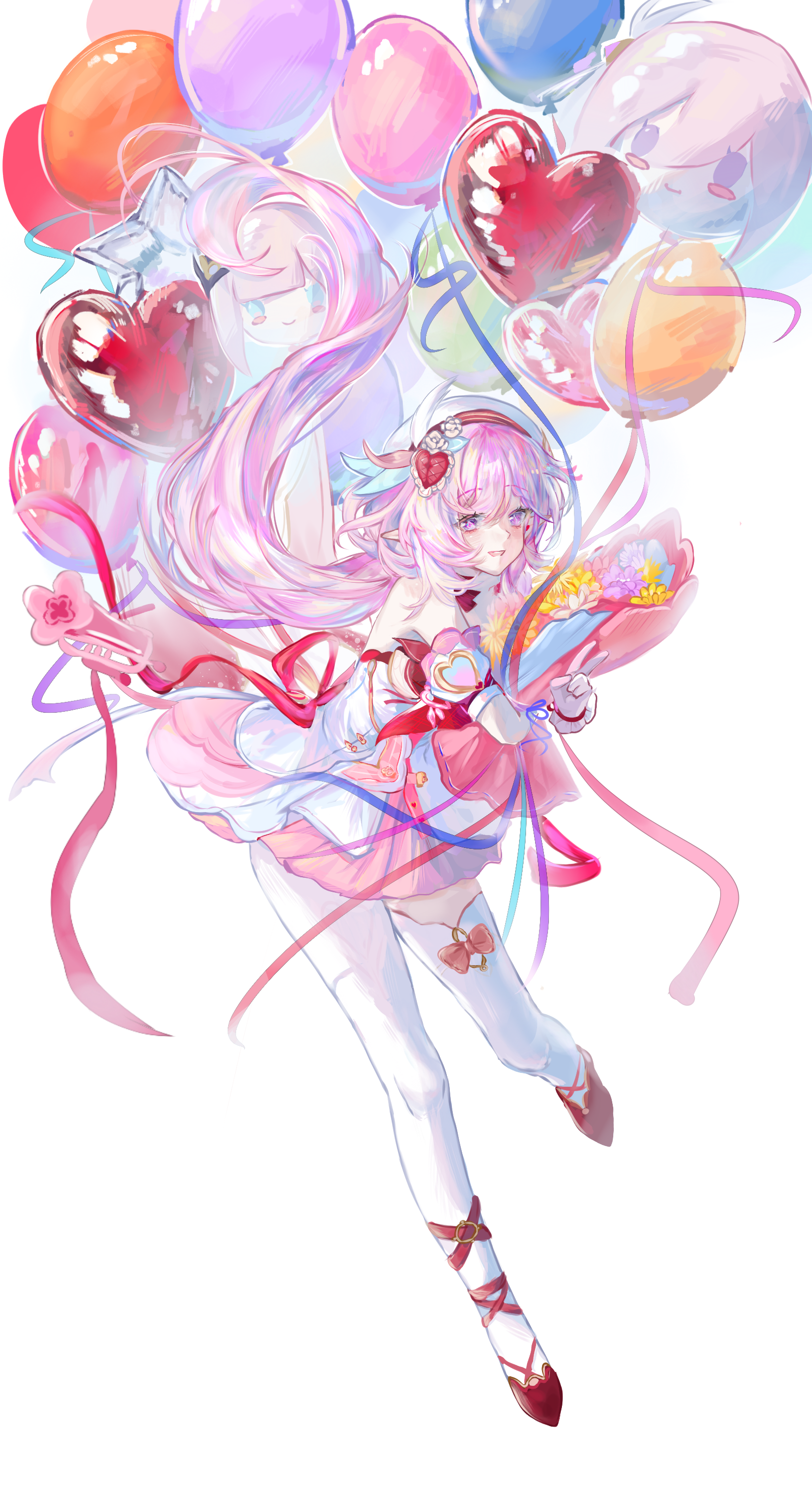 ayu9914570, elysia (honkai impact), honkai (series), honkai impact 3rd, absurdres, chinese commentary, commentary request, highres, 1girl, balloon, beret, bouquet, character balloon, diamond-shaped pupils, diamond (shape), dress, elf, elysia (hi elf of love) (honkai impact), flower, full body, gloves, hat, heart balloon, holding, holding bouquet, instrument, long hair, pantyhose, pink dress, pink hair, pointy ears, purple eyes, red shoes, shoes, simple background, single leg pantyhose, single thighhigh, smile, solo, symbol-shaped pupils, thighhighs, trumpet, v, very long hair, white background, white gloves, white hat, white pantyhose, white thighhighs