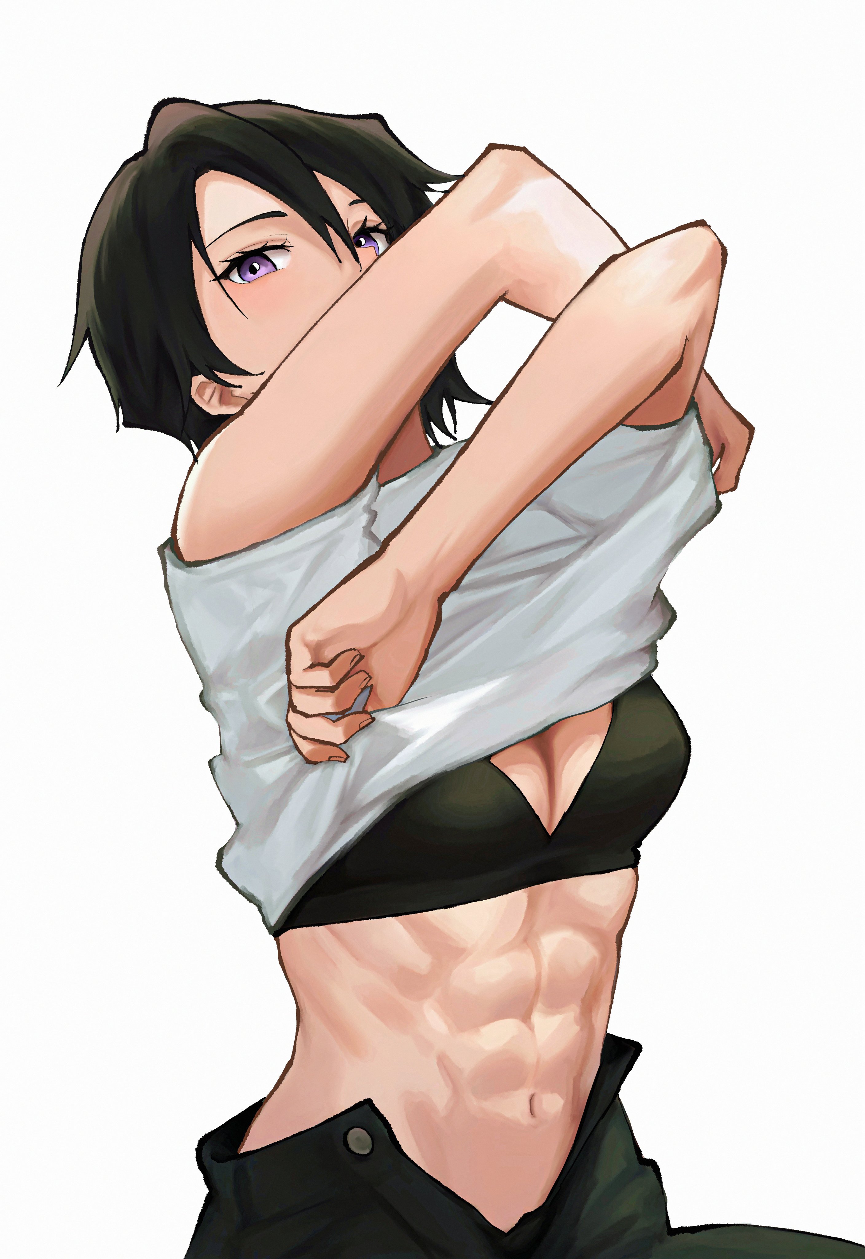 sira (si12o2), original, absurdres, highres, 1girl, abs, black hair, bra, breasts, cleavage, clothes lift, pants, purple eyes, shirt, shirt lift, short hair, solo, underwear, white background, white shirt