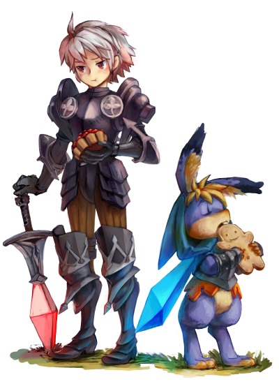 hiz, cornelius (odin sphere), oswald, odin sphere, bad id, bad pixiv id, 1boy, armor, couter, eating, furry, furry male, male focus, nature, plant, rabbit, solo, sword, weapon, white background