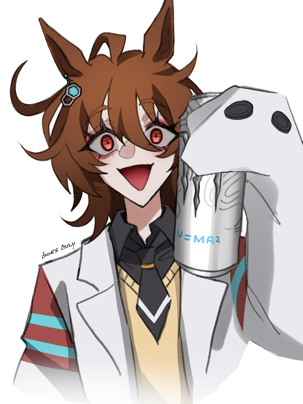 anies kouhai, agnes tachyon (umamusume), monster energy, umamusume, highres, 1girl, ahoge, artist name, bags under eyes, black necktie, black shirt, brown hair, can, coat, collared shirt, drink can, ear ornament, earrings, hair between eyes, hand up, holding, holding can, huge ahoge, jewelry, lab coat, long sleeves, looking at viewer, multicolored hair, necktie, open clothes, open coat, open mouth, red eyes, shirt, short necktie, signature, simple background, single earring, sleeves past fingers, sleeves past wrists, smile, solo, sweater, white background, white coat, wide-eyed, wolf cut, yellow sweater