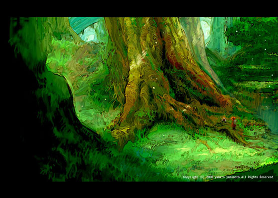 yamamoto yamato, green theme, hat, landscape, letterboxed, nature, scenery, tree, water