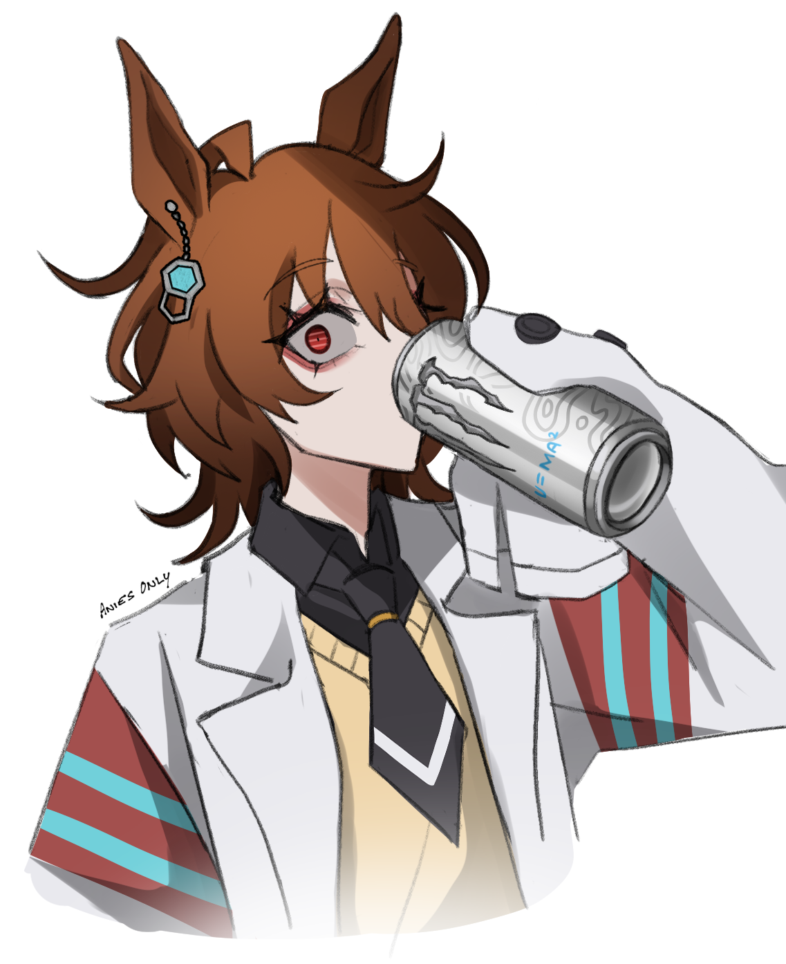 anies kouhai, agnes tachyon (umamusume), monster energy, umamusume, highres, 1girl, ahoge, artist name, bags under eyes, black necktie, black shirt, brown hair, can, coat, collared shirt, drink can, drinking, ear ornament, earrings, hair between eyes, hand up, holding, holding can, huge ahoge, jewelry, lab coat, long sleeves, looking at viewer, multicolored hair, necktie, open clothes, open coat, red eyes, shirt, short necktie, signature, simple background, single earring, sleeves past fingers, sleeves past wrists, solo, sweater, white background, white coat, wide-eyed, wolf cut, yellow sweater