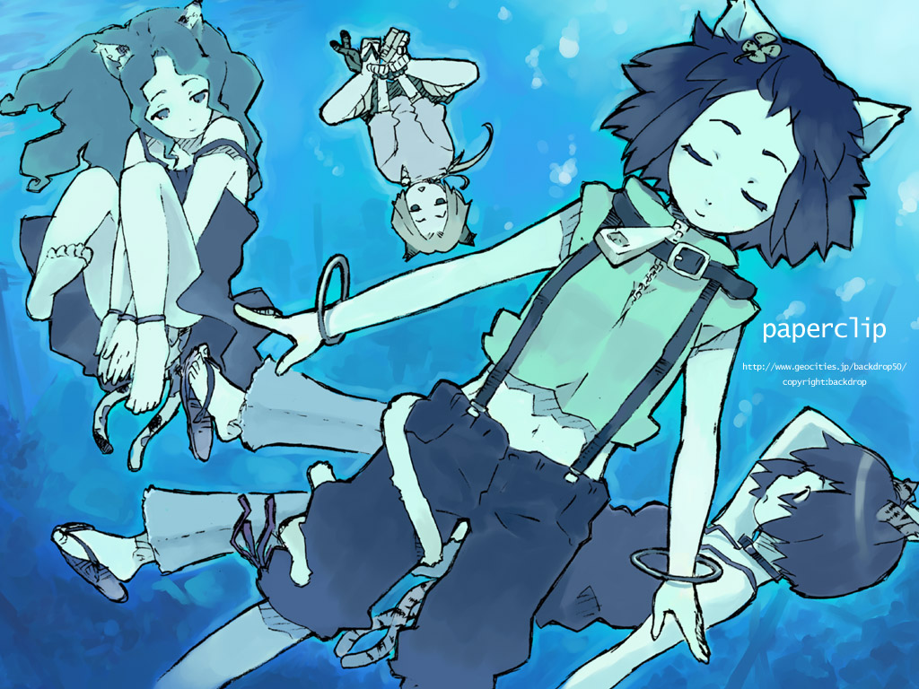 paperclip (artist), animal ears, blue theme, bracelet, cat ears, cat tail, closed eyes, jewelry, midriff, tail, underwater, water
