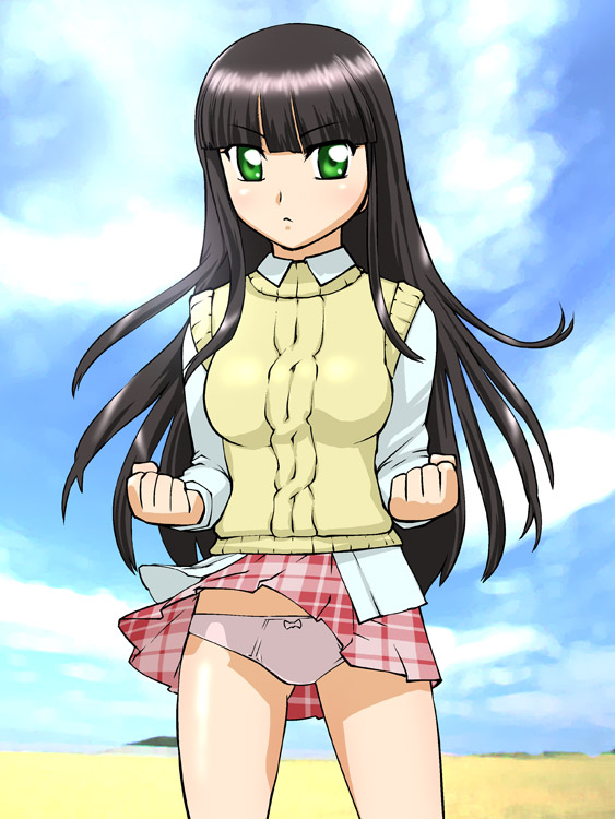 ueyama michirou, shinozuka arashi, gad guard, 00s, 1girl, aran sweater, blunt bangs, cable knit, clothes lift, cowboy shot, day, female focus, outdoors, panties, pantyshot, skirt, skirt lift, solo, sweater, underwear