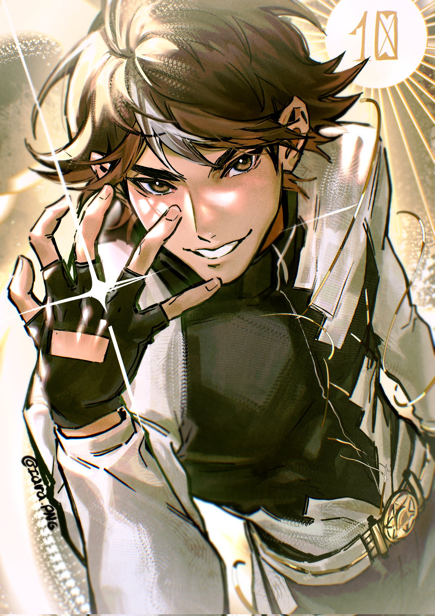 iara png, lin ling (to be hero x), to be hero, to be hero x, highres, 1boy, brown eyes, fingerless gloves, gloves, looking at viewer, male focus, radiant light, single hair streak, smile, solo