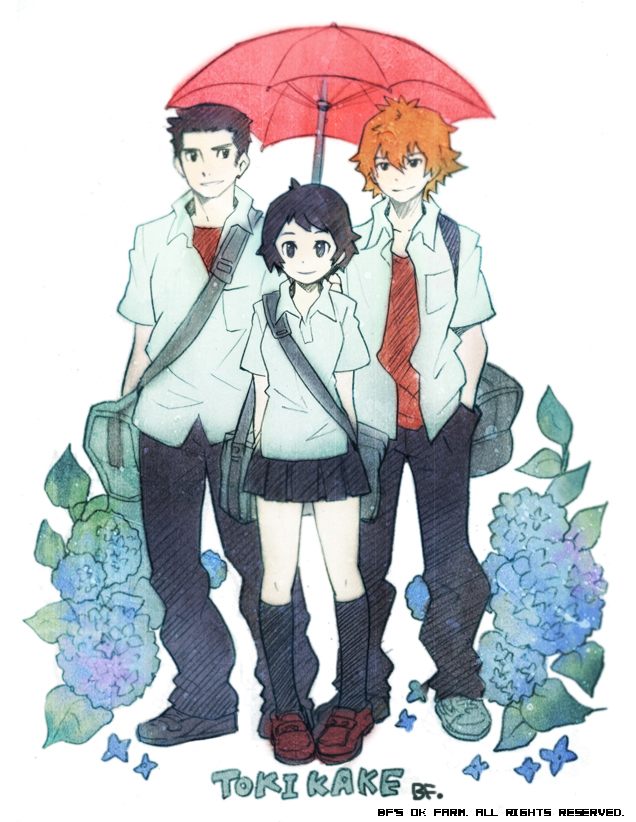 bf. (sogogiching), konno makoto, mamiya chiaki, tsuda kousuke, toki wo kakeru shoujo, 00s, 1girl, 2boys, bag, bf, black hair, flower, hydrangea, kneehighs, multiple boys, rain, school uniform, serafuku, shared umbrella, short hair, skirt, socks, umbrella