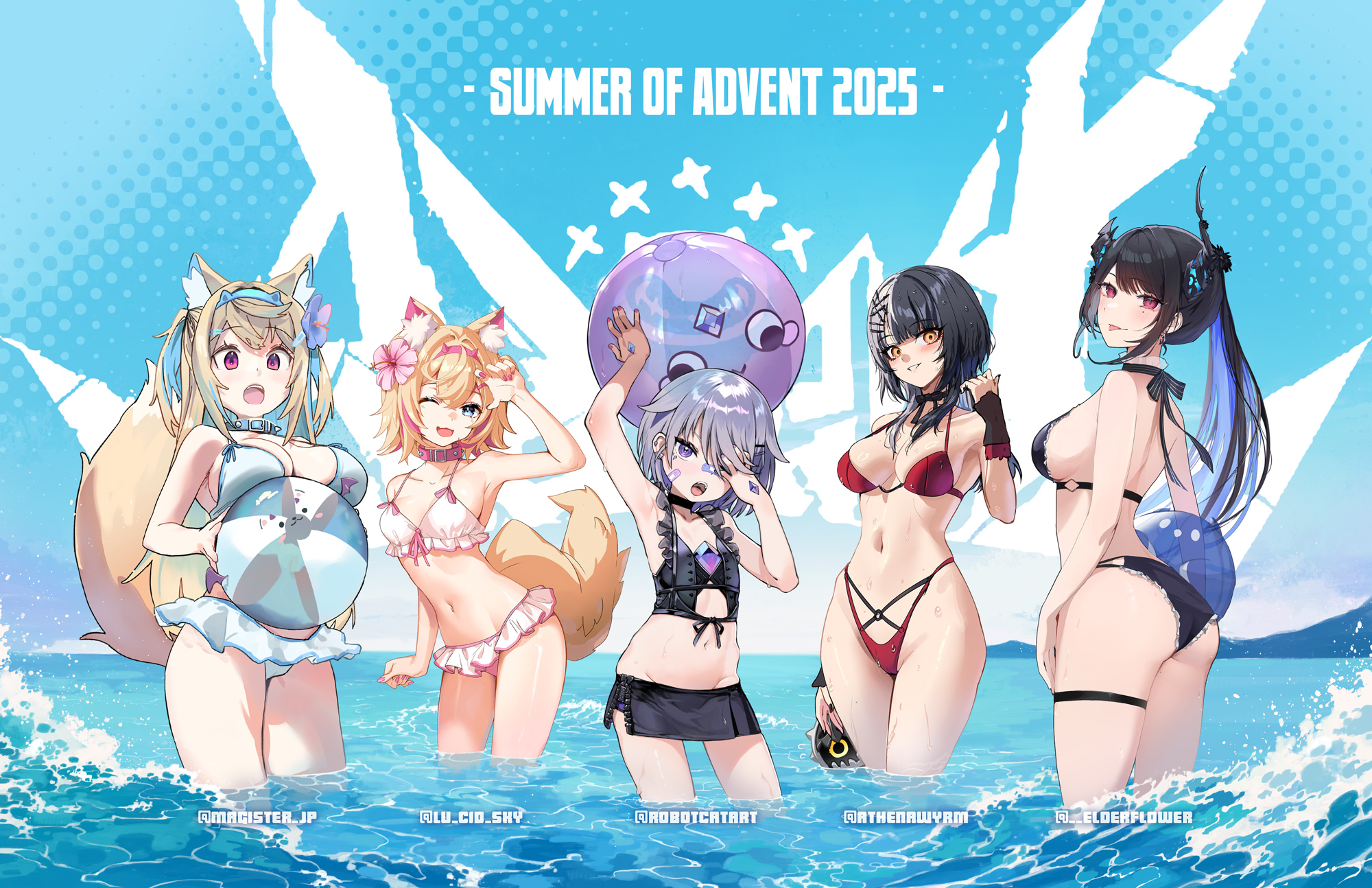 robot cat (robotcatart), fuwawa abyssgard, koseki bijou, mococo abyssgard, nerissa ravencroft, shiori novella, hololive, hololive english, highres, animal collar, animal ears, ball, bandages, beach, beachball, black bow, black bowtie, black hair, blue eyes, bow, bowtie, collar, dog ears, dog girl, dog tail, fake horns, frills, gem, horns, long hair, multicolored hair, pink eyes, purple eyes, purple hair, standing, swimsuit, tail, virtual youtuber