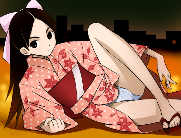 haruyama kazunori, kitsu chiri, sayonara zetsubou sensei, 00s, black eyes, black hair, feet, japanese clothes, kimono, loli, long hair, panties, parted bangs, ribbon, sandals, solo, toes, underwear