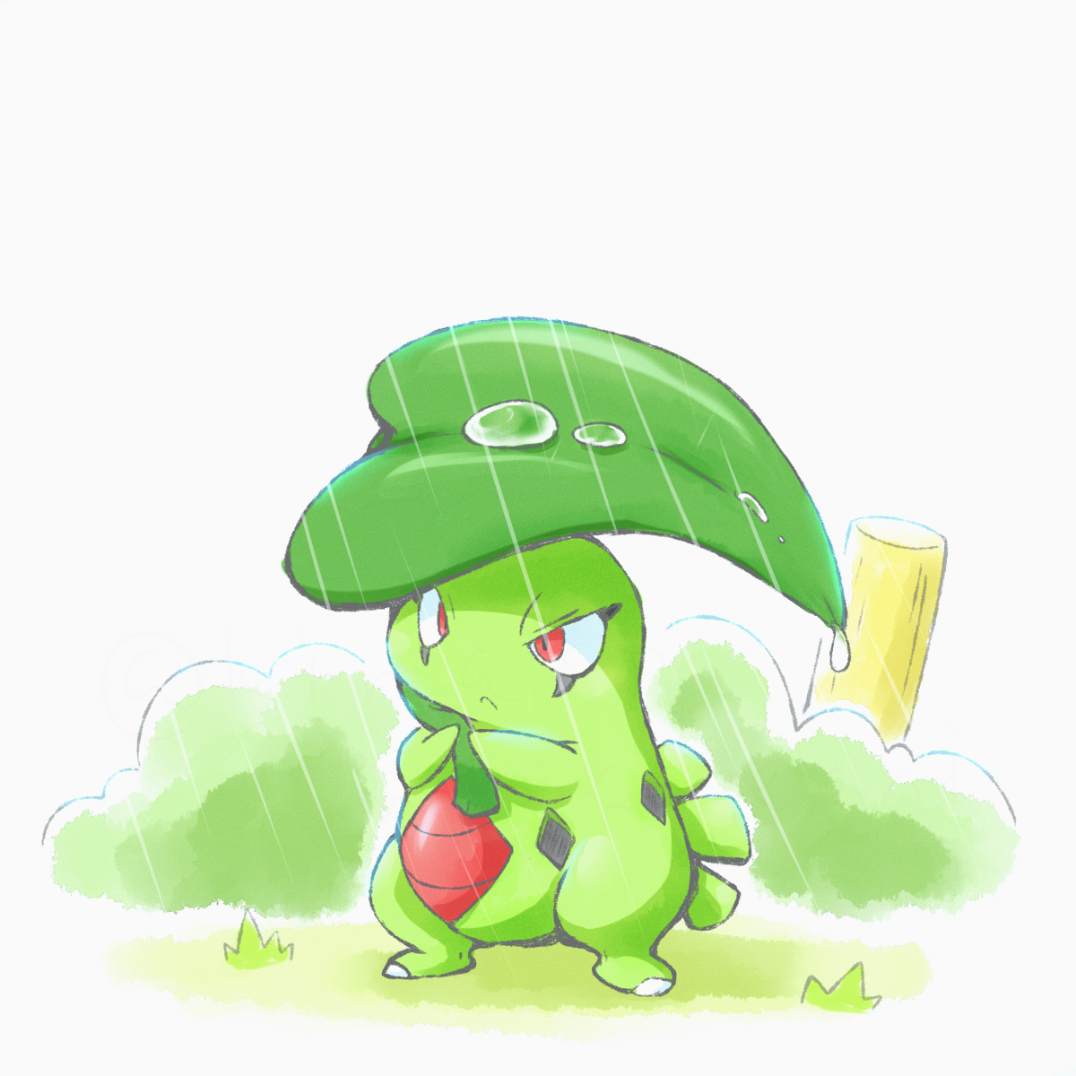 kinakomochi (kazuna922), larvitar, nintendo, pokemon, commentary, highres, symbol-only commentary, bush, closed mouth, gen 2 pokemon, grass, holding, holding leaf, leaf, no humans, outdoors, pokemon (creature), pokemon focus, rain, red eyes, solo, standing, v-shaped eyes, water, water drop
