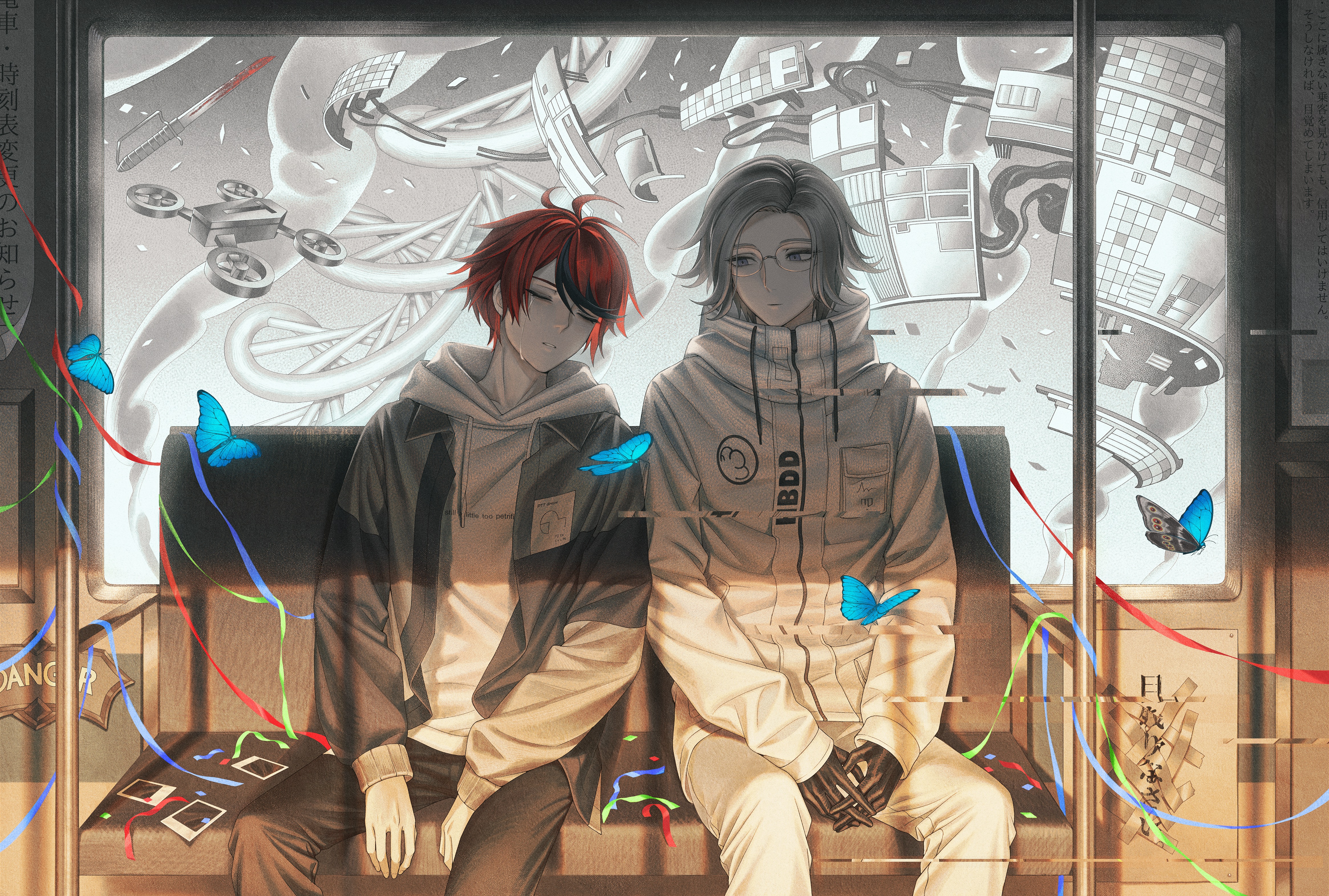 7nite, aotsuki eito, sumino takumi, the hundred line -last defense academy-, absurdres, chinese commentary, commentary request, highres, translation request, 2boys, ahoge, black gloves, black hair, black jacket, black pants, blue eyes, bug, butterfly, closed eyes, closed mouth, confetti, crying, crying with eyes open, drawstring, expressionless, glasses, glitch, gloves, grey hair, grey jacket, high collar, hood, hood down, hoodie, insect, jacket, jacket over hoodie, long sleeves, male focus, multicolored hair, multicolored jacket, multiple boys, open clothes, open jacket, own hands together, pants, pocket, red hair, short hair, sitting, streaked hair, streamers, tears, train interior, two-tone hair, two-tone jacket, white hoodie, white jacket, white pants, window, zipper pull tab
