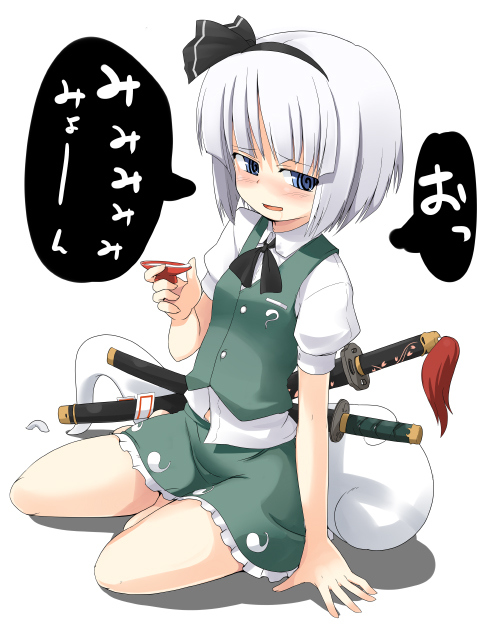 mamo williams, konpaku youmu, konpaku youmu (ghost), touhou, 1girl, alcohol, cup, drunk, female focus, hitodama, katana, sakazuki, sake, sheath, sheathed, sitting, solo, sword, weapon, yokozuwari