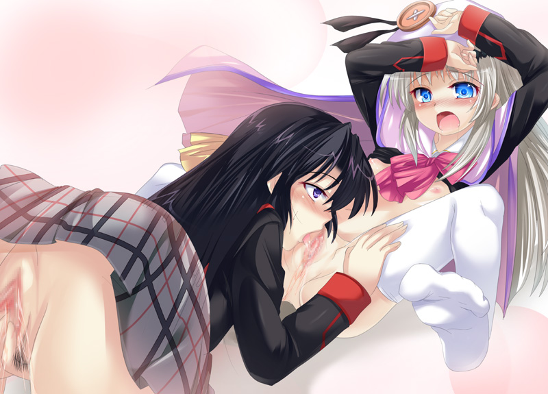 hirama hirokazu, na mizuumi, kurugaya yuiko, noumi kudryavka, little busters!, silver hair, 2girls, age difference, ass, black hair, blue eyes, bow, breasts, buttons, cape, censored, clothes lift, cunnilingus, female pubic hair, fingering, flat chest, hat, large buttons, licking, loli, long hair, masturbation, mosaic censoring, multiple girls, no panties, onee-loli, oral, pink bow, plaid clothes, plaid skirt, pubic hair, pussy, pussy juice, school uniform, serafuku, shirt lift, skirt, small breasts, spread legs, thighhighs, yuri
