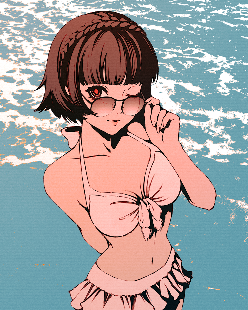 moshimoshibe, niijima makoto, persona, persona 5, 1girl, beach, bikini, braid, breasts, brown hair, cleavage, crown braid, front-tie bikini top, front-tie top, glasses, looking at viewer, red eyes, round eyewear, short hair, solo, sunglasses, swimsuit, water, white bikini