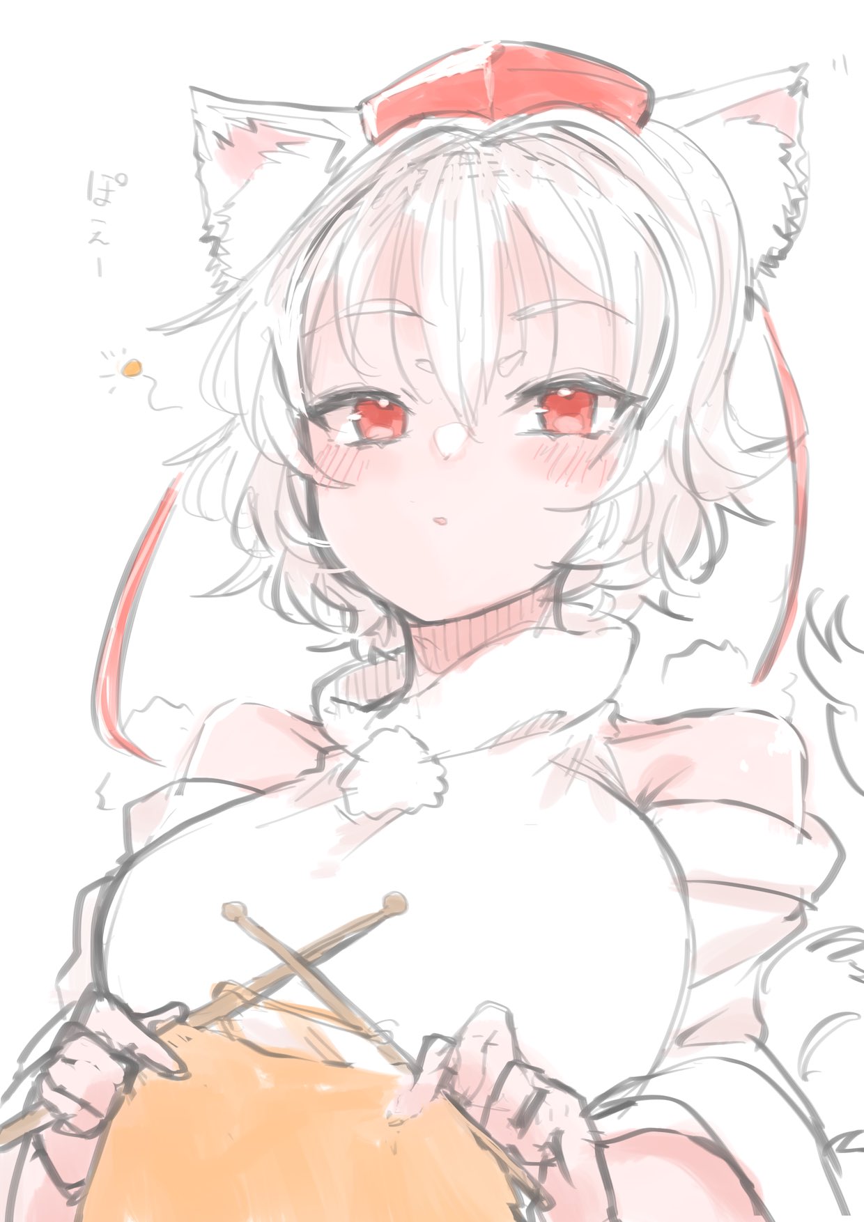 yoyoiro (sysi20), inubashiri momiji, touhou, commentary request, highres, translation request, 1girl, :o, animal ear fluff, animal ears, blush, breasts, detached sleeves, double-parted bangs, hat, holding, holding cloth, holding needle, knitting, knitting needle, large breasts, needle, pom pom (clothes), red eyes, red hat, shirt, short hair, simple background, solo, squeans, tail, thread, tokin hat, upper body, white background, white hair, white shirt, wolf ears, wolf girl, wolf tail, yarn