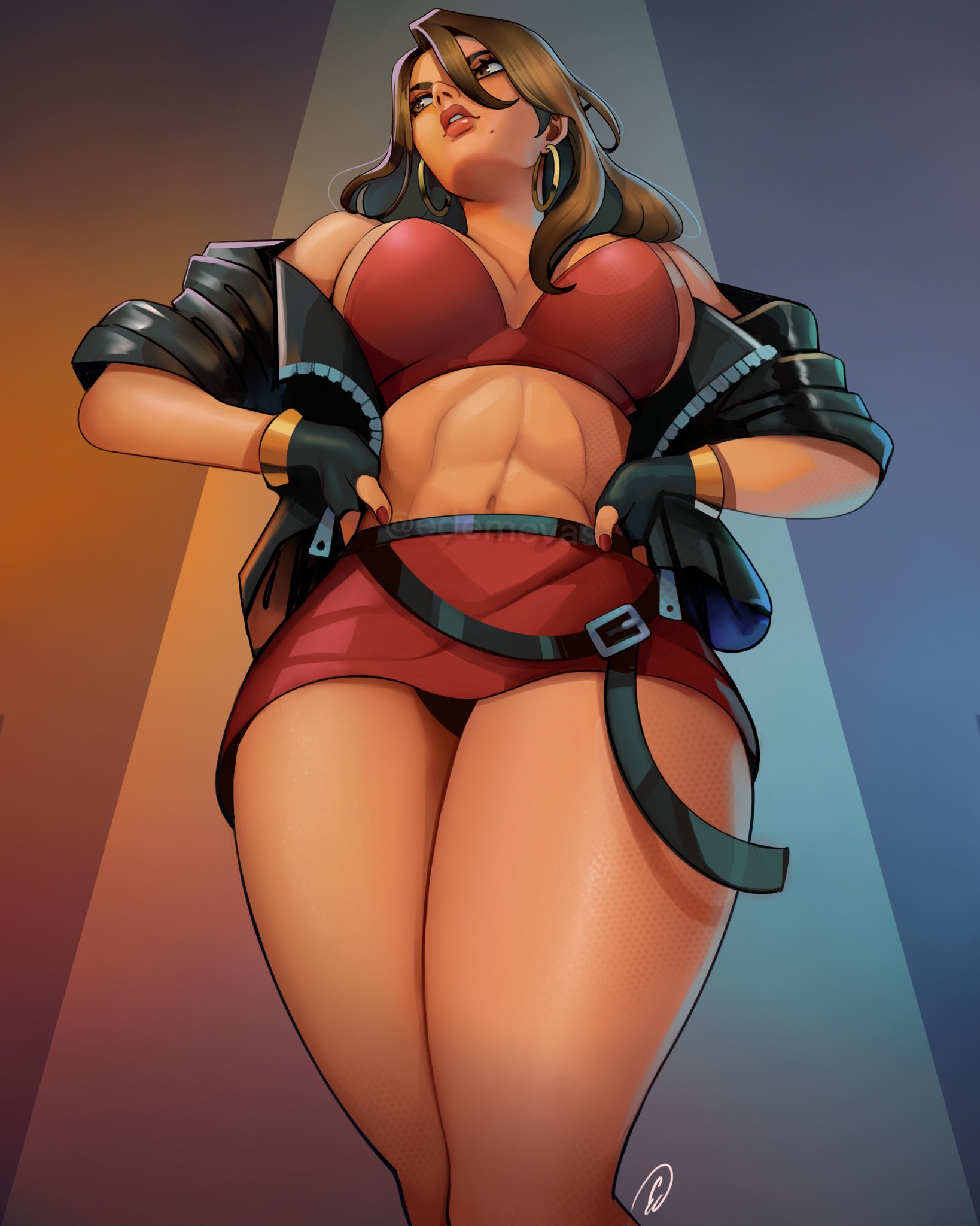 ed (edemevas), blaze fielding, streets of rage, streets of rage 4, highres, 1girl, black gloves, black jacket, black panties, bra, breasts, brown hair, dark-skinned female, dark skin, earrings, fingerless gloves, from below, gloves, hands on own hips, hoop earrings, jacket, jewelry, large breasts, long hair, looking to the side, microskirt, navel, open clothes, open jacket, panties, red bra, red skirt, signature, skirt, solo, underwear
